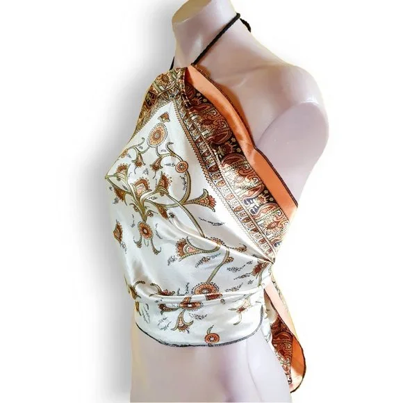 Metallic cream, orange + gold scarf top, black exposed hem trim + rope neck ties - Picture 2 of 4